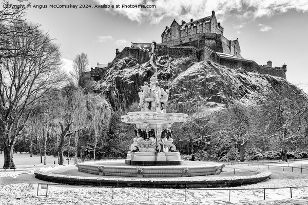 Frozen Ross Fountain and Edinburgh Castle mono Picture Board by Angus McComiskey