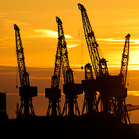 Buy canvas prints of Cranes on the River Clyde at sunset by Angus McComiskey