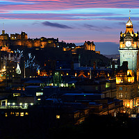 Buy canvas prints of Edinburgh Castle and city skyline at dusk by Angus McComiskey