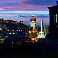 Buy canvas prints of Edinburgh city skyline at dusk from Calton Hill by Angus McComiskey