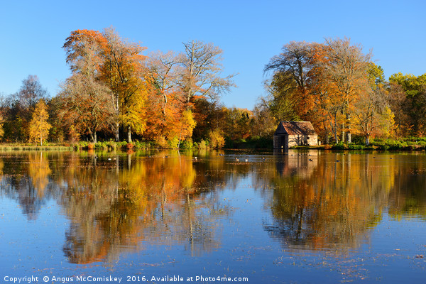 Boathouse on Penicuik Pond in autumn Picture Board by Angus McComiskey