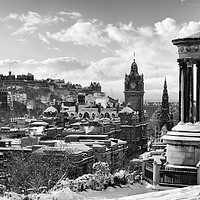 Buy canvas prints of Edinburgh skyline in snow from Calton Hill mono by Angus McComiskey