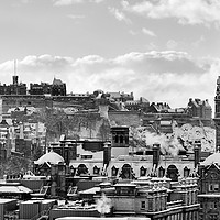 Buy canvas prints of Edinburgh Castle and city skyline in snow mono by Angus McComiskey