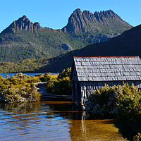 Buy canvas prints of Boat shed with backdrop of Cradle Mountain by Angus McComiskey