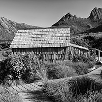 Buy canvas prints of Boat shed on Dove Lake (mono) by Angus McComiskey