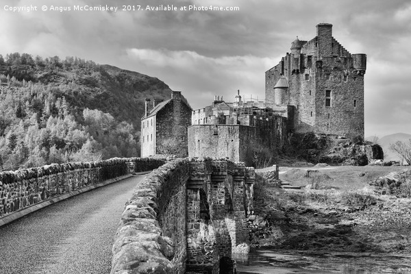 Bridge to Eilean Donan Castle (mono) Picture Board by Angus McComiskey