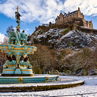 Buy canvas prints of Frozen Ross Fountain and Edinburgh Castle in snow by Angus McComiskey
