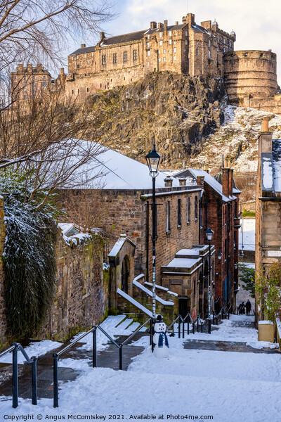 Edinburgh Castle from The Vennel with snowman Picture Board by Angus McComiskey
