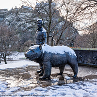 Buy canvas prints of Wojtek the Soldier Bear Memorial in snow Edinburgh by Angus McComiskey