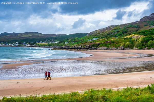 Couple walking dog on Gairloch beach Picture Board by Angus McComiskey