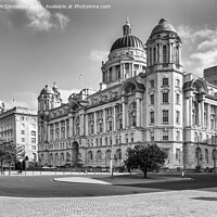 Buy canvas prints of The Three Graces Liverpool mono by Angus McComiskey