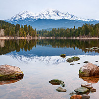 Buy canvas prints of A dramatic view of Mount Shasta from Lake Siskiyou by Jamie Pham