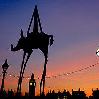 Buy canvas prints of Big Ben and Dali Elephant at Sunset by Colin Woods