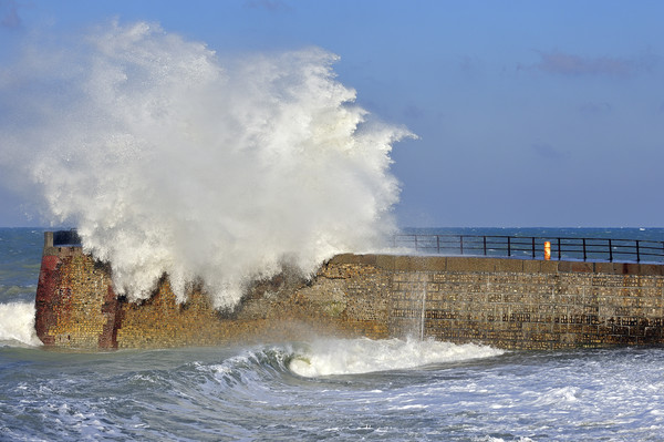 Giant Wave crashing over Jetty during Winter Storm Picture Board by Arterra 