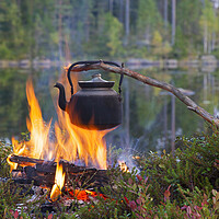 Buy canvas prints of Kettle Boiling Water over Campfire by Arterra 
