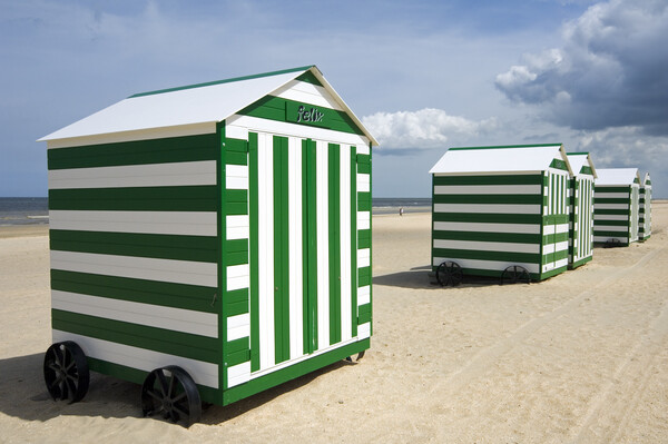 Green and White Beach Huts on Wheels Picture Board by Arterra 