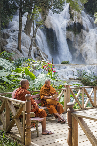 Monks at the Kuang Si Falls in Laos Picture Board by Arterra 