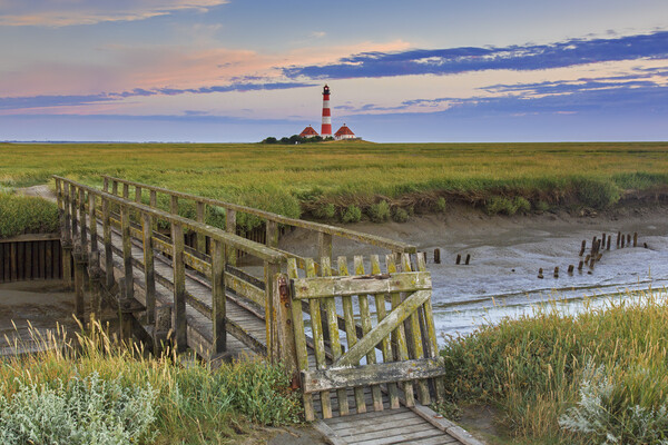 Footbridge and Lighthouse Westerheversand at Eiderstedt, Germany Picture Board by Arterra 