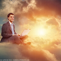 Buy canvas prints of Happy businessman cloud computing by Ragnar Lothbrok
