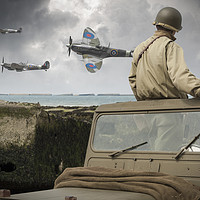 Buy canvas prints of American GI on Normandy beach watches Spitfires by George Cairns