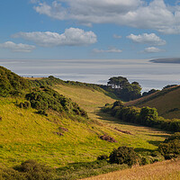 Buy canvas prints of A  lush green hillside Valley to the Sea near Very by Kevin Snelling