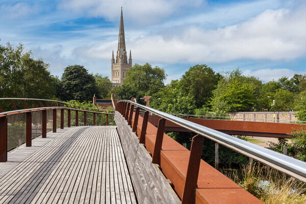 Norwich Cathedral as seen from Jarrold Bridge  Picture Board by Kevin Snelling