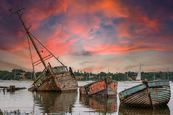 Nostalgic Sunset on Abandoned Boats Picture Board by Kevin Snelling