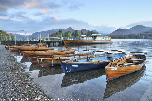 Derwentwater boats at sunrise, Lake District Picture Board by Chris Harris