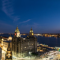 Buy canvas prints of Liverpool liver building and River Mersey at night by Jeanette Teare