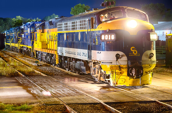 Diesel railroad engine at night Picture Board by Steve Heap