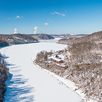 Buy canvas prints of Aerial view down the frozen Cheat River in Morgantown, WV by Steve Heap