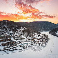 Buy canvas prints of Aerial sunrise over frozen Cheat Lake Morgantown, WV by Steve Heap