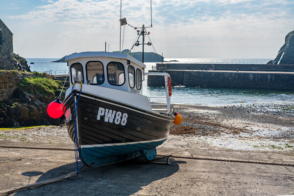 Fishing boat in old harbour at Mullion Cove in Cornwall Picture Board by Steve Heap