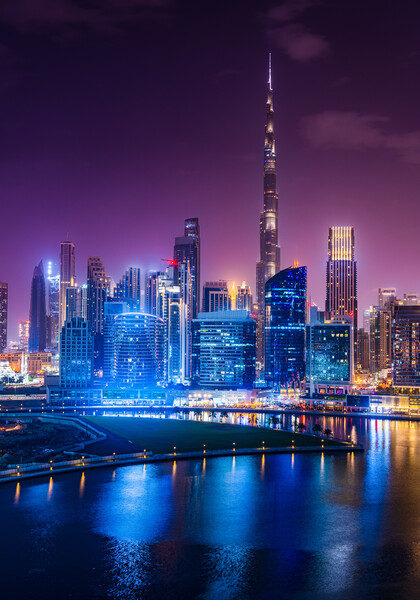 Glowing Dubai Skyline at Night Picture Board by Steve Heap