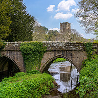 Buy canvas prints of Stone bridge at Fountains Abbey ruins in Yorkshire by Steve Heap