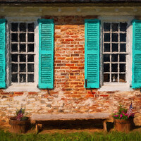 Buy canvas prints of Painting of blue shutters against a white painted brick wall in  by Steve Heap