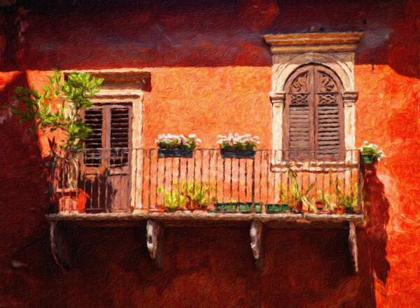 Digital oil painting of an old balcony in Verona Picture Board by Steve Heap