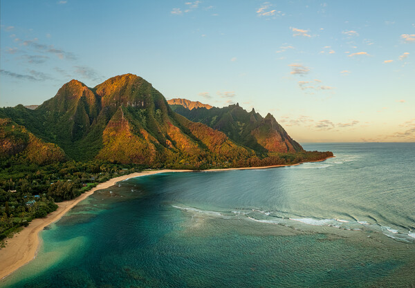 Aerial drone shot of Tunnels Beach at sunrise on Kauai in Hawaii Picture Board by Steve Heap