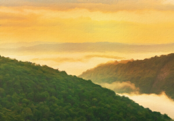 Painting of Cheat River gorge at sunrise near Rave Picture Board by Steve Heap
