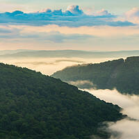 Buy canvas prints of Mist swirling over Cheat River gorge at sunrise near Raven Rock by Steve Heap