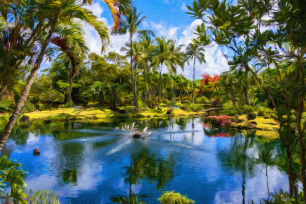 Oil painting of lagoon in the Na Aina Kai sculpture garden Picture Board by Steve Heap