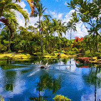 Buy canvas prints of Oil painting of lagoon in the Na Aina Kai sculpture garden by Steve Heap