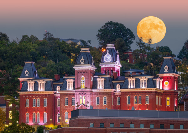 Moonrise over illuminated Woodburn Hall at WVU Morgantown Picture Board by Steve Heap
