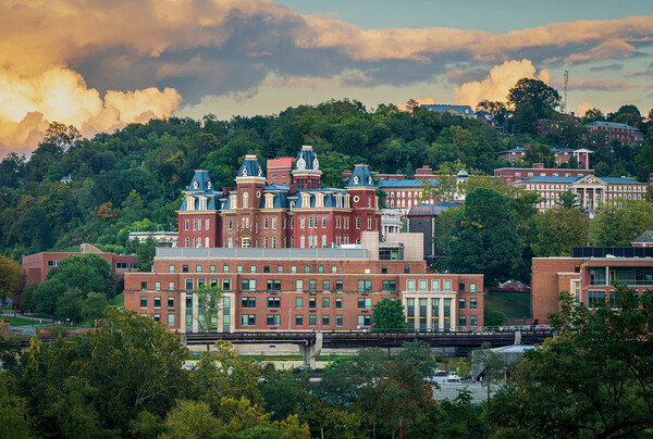 Brooks Hall and Woodburn Hall at sunset in Morgantown WV Picture Board by Steve Heap