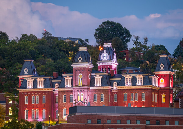 Woodburn Hall illuminated at dusk in Morgantown WV Picture Board by Steve Heap