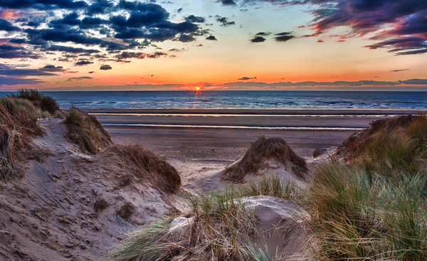 Sunset over Formby Beach through dunes Framed Mounted Print by Steve Heap