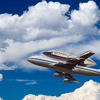 Buy canvas prints of Space Shuttle Discovery flies into clouds by Steve Heap