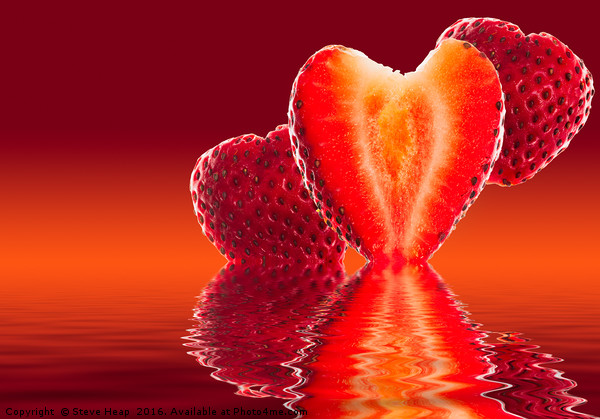 Fresh sliced strawberry in heart shape reflected Picture Board by Steve Heap