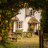 Buy canvas prints of Thatched pub garden in Lustleigh in Devon by Steve Heap