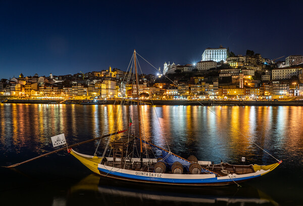Rabelo boats of Porto in Portugal at night Picture Board by Steve Heap